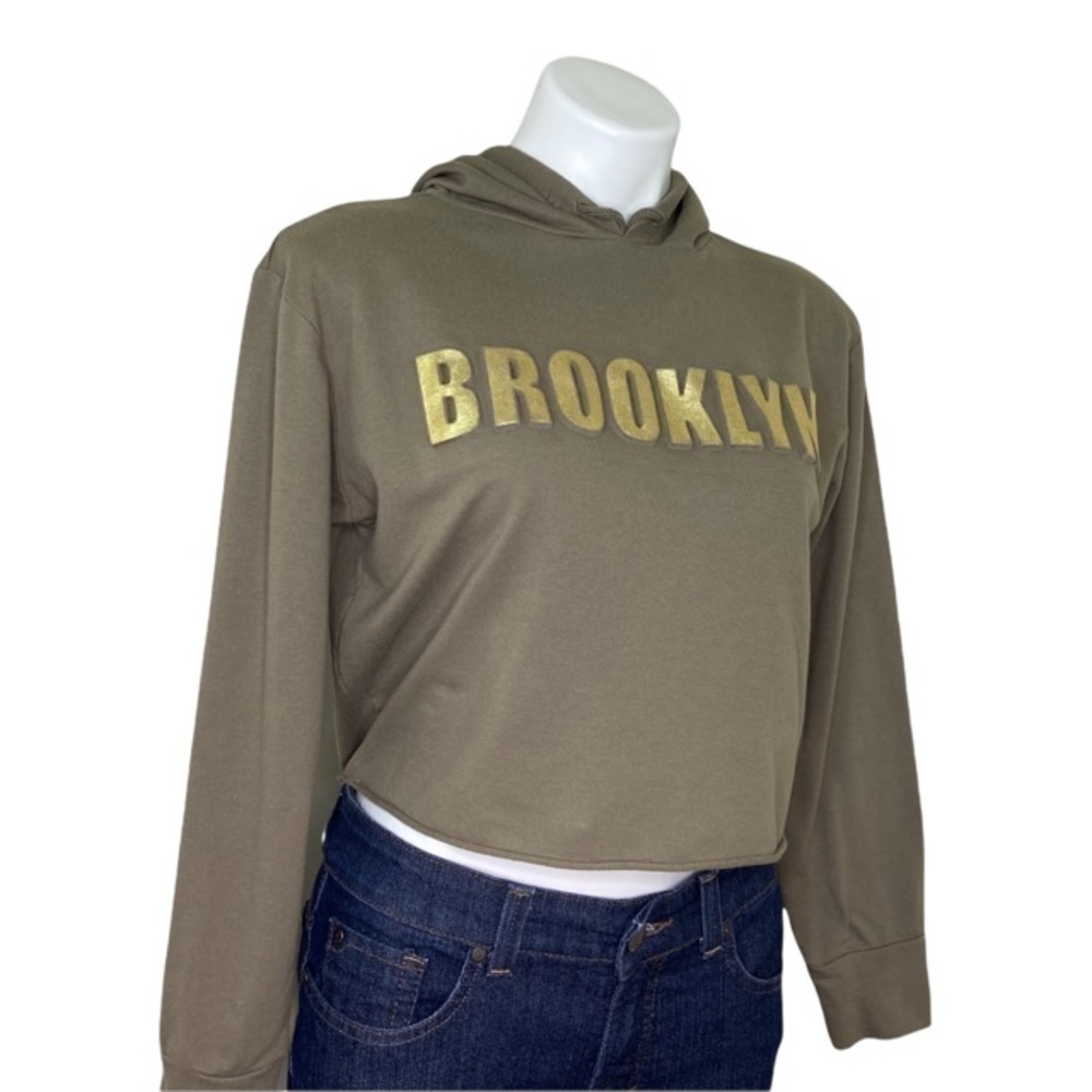 SAY WHAT? Army Green Hooded Cropped Sweatshirt Small - Picture 2 of 7